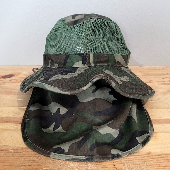 Camoflague Boonie Bucket Sun Hat Size L Neck Cover Mesh Top Chin Cord Fishing - Picture 2 of 9